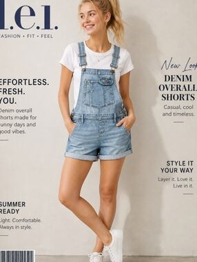 L.e.i. Light wash overall shorts with side button opening rolled hem Sz M